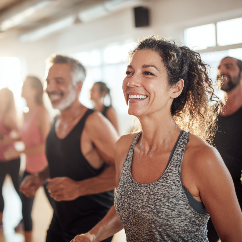 Diverse group of active adults aged 45-55 exercising together in a bright fitness studio, showing teamwork and motivation during a group fitness class