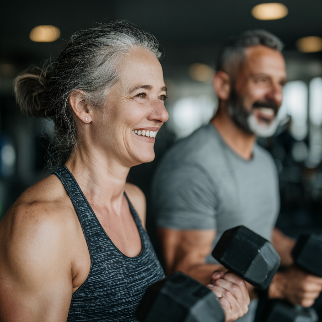 Energetic middle-aged man and woman in their late 40s smiling while doing strength training exercises with dumbbells in a modern fitness center